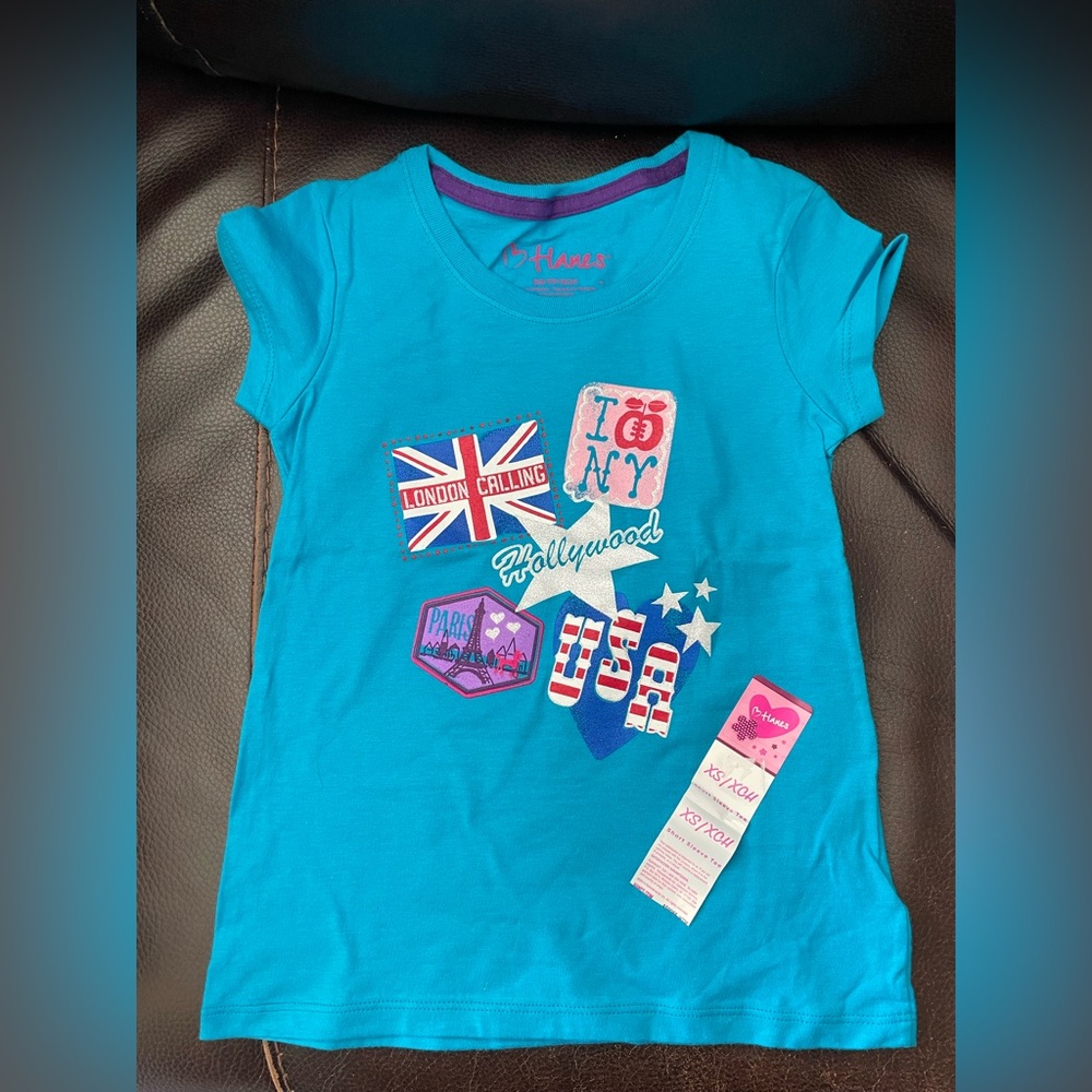 Hanes Girls' Bright Turquoise Graphic Tee with Travel Patch Motifs